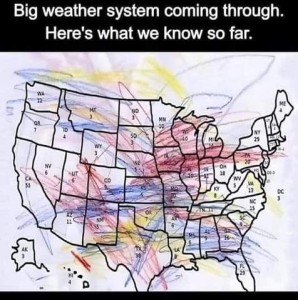 A coloring book type picture outlining the USA. It has been scribbled all over in various colors, as if by a two-year-old. Caption: Big weather system coming through. Here's what we know so far