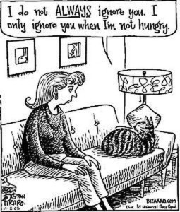 Cartoon drawing of a woman sitting on a davenport and a cat laying next to her, body facing away and head up; the cat's speech bubble says "I do not ALWAYS ignore you. I only ignore you when I'm not hungry."