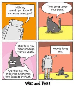 4 frames of a cartoon. #1 - A robot is asking, "Nibbles how do you know if someone loves you?" #2 - A gray cat replies, "They scoop away your poop." #3 - Cat continues, "They feed you meat although they're vegan. And they call you endearing nicknames like Sausage McFluff." #4 - As cat starts cleaning himself in the background, the robot is thinking, "Nobody loves me."