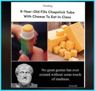 Trending: 9-year-old fills chapstick tube with cheese to eat in class. Photos of a chapstick filled with cheese, and several blocks of cheese. Below is a bust of Aristotle with the words, "No great genius has ever existed without some touch of madness."