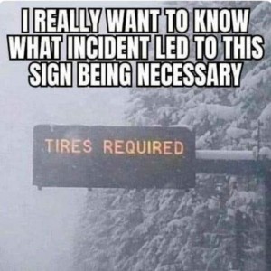 Photo of a neon road sign; it is snowing hard. The sign says, "Tires required." Caption: I really want to know what incident led to this sign being necessary."