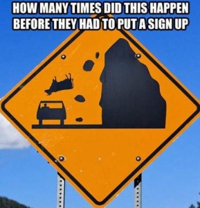 Road sign showing a tall wall of rock with a car driving past it; there are rocks falling down toward the car, and an upside down cow with them. Caption: How many times did this happen before they had to put a sign up?