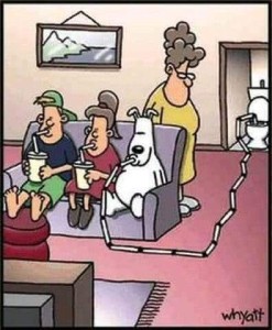 Cartoon of a woman standing behind a davenport on which a couple of teenagers are sitting and watching TV while drinking through straws out of cups. Next to them is a white dog, also sitting up and watching TV with a straw in his mouth. The woman is looking at the floor where the dog's straw is attached to about 20 others, making a chain that ends in the toilet bowl at the back of the room.