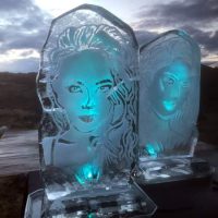 two women's faces on a flat tablet
