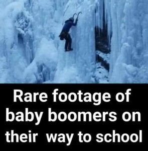 Photo of someone climbing a solid ice wall, straight up, wearing full gear and using grappling hooks. Caption: Rare footage of baby boomers on their way to school.