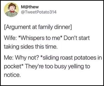 Social media post by M@thew: [argument at family dinner] Wife: *Whispers to me* Don't start taking sides this time. Me: Why not? *sliding roast potatoes in pocket* They're too busy yelling to notice.