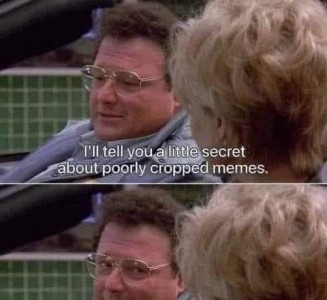Photo of a man talking to a woman whose back is to the camera. 2 frames. top frame: I'll tell you a little secret about poorly cropped memes. Bottom frame: only shows the top half of their heads.
