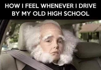 A white haired man with huge mutton chop sideburns, big bushy eyebrows, and a thin combover on top. He is sitting in a car wearing a seatbelt, looking out the window. Caption: How I feel whenever I drive by my old high school.