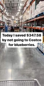 Screenshot of an aisle at Costco. Caption: Today I saved $347.58 by not going to Costco for blueberries.