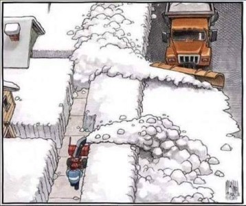 Cartoon; aerial view of a snowy neighborhood; a man is on the sidewalk blowing snow over the berm into the street while a snowplow, coming the opposite direction, is throwing the snow in the street over the berm onto the sidewalk.