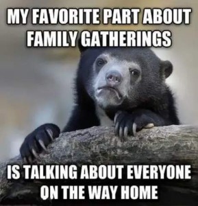 Close-up photo of a bear with sad eyes, head tipped slightly to his left, from behind a log upon which his front feet are resting. Caption: My favorite part about family gatherings is talking about everyone on the way home.