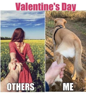 Title: Valentine's Day 2 photos: on the left is a woman holding the hand of a man, pulling her along behind her, with the word "others" On the right is a labrador retriever in front of a woman who has his left rear paw in her hand with the word "me"