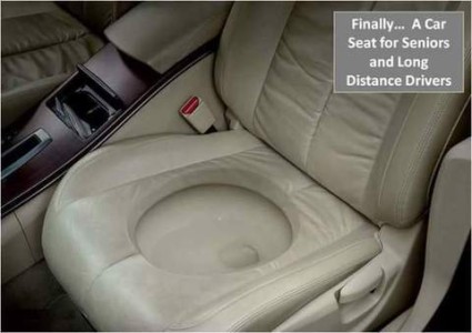 Caption: Finally... A car seat for seniors and long distance drivers. Photo of a leather seat in a car; there is a hole in the seat with a flush toilet bowl under it.