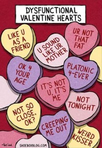 Title: Dysfunctional Valentine Hearts. Cartoon of some candy hearts with different sayings: "Like U as a friend" 'U sound like ur mother" 'Ur not that fat" "ok 4 your age" "it's not u it's me" "platonic 4-ever" "not so close, ok?" "creeping me out" "not tonight" "weird kisser"