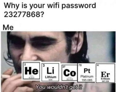 "Why is your password 23277868?" Me: closeup face shot of a man with a cigarette in his hand, looking thoughtfu; in front of him are the chemical symbols from the chart placed to spell out He-Li-Co-Pt-Er