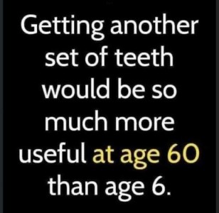 Text only: Getting another set of teeth would be so much more useful at age 60 than at age 6.