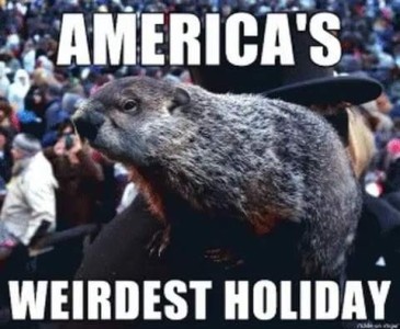 Photo of a groundhog on someone's shoulder, with a crowd of people behind them. Caption: America's weirdest holiday.