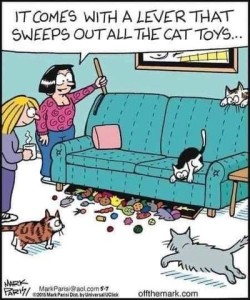 Cartoon shows a woman with several cats running around. She is standing next to a davenport with a handle at one end and talking to another woman who is looking down at the floor where there are dozen's of cat toys under and in front of the davenport. The owner is telling the other woman, "It comes with a lever that sweeps out all the cat toys."
