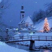 Houses New Blue Christmas Four Lights Xmas Year Winter Village Bridge Scenery Beautiful Tree Nature Creek Seasons Snow Love Holidays Landscapes Churches Landscape Picture